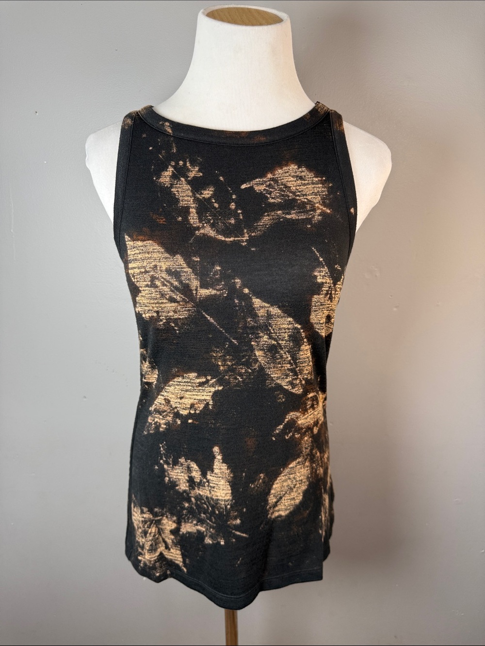 Black Leaf Print Tank Top with Copper Accents